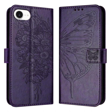 PU Leather Phone Case With Card Storage in purple with embossed butterfly and floral design, magnetic folio, slim TPU interior