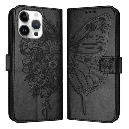 Embossed Butterfly Leather Phone Case With Card Slot For Daily Use - black PU leather wallet case with butterfly embossing, card slots and stand