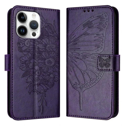 Embossed Butterfly Leather Phone Case With Card Slot For Daily Use - purple PU leather wallet case with butterfly embossing, card slots and stand