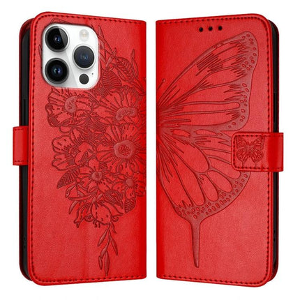 Embossed Butterfly Leather Phone Case With Card Slot For Daily Use - red PU leather wallet case with embossed butterfly and card slots, kickstand