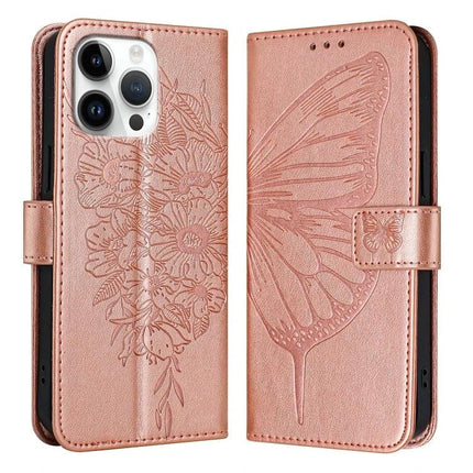 Embossed Butterfly Leather Phone Case With Card Slot For Daily Use in rose gold PU leather with floral embossed design, card slots and viewing stand