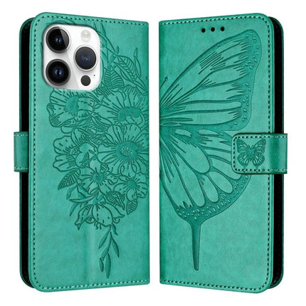 Embossed Butterfly Leather Phone Case With Card Slot For Daily Use - teal PU leather wallet case with embossed butterfly and floral design, card slots, stand