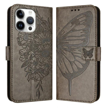 Embossed Butterfly Leather Phone Case With Card Slot For Daily Use brown PU leather wallet case with embossed floral and butterfly design, card slots and stand
