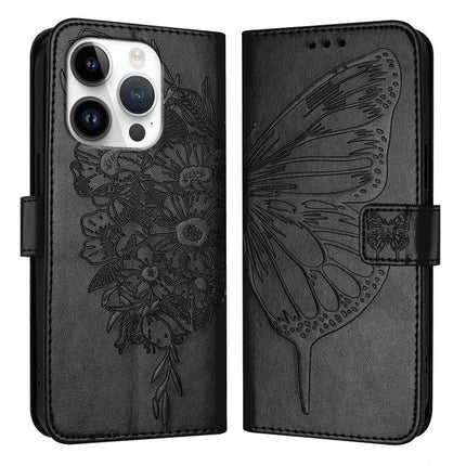 Leather Phone Case With Built-In Stand in black PU leather with embossed butterfly and floral design, TPU core, wallet slots and kickstand
