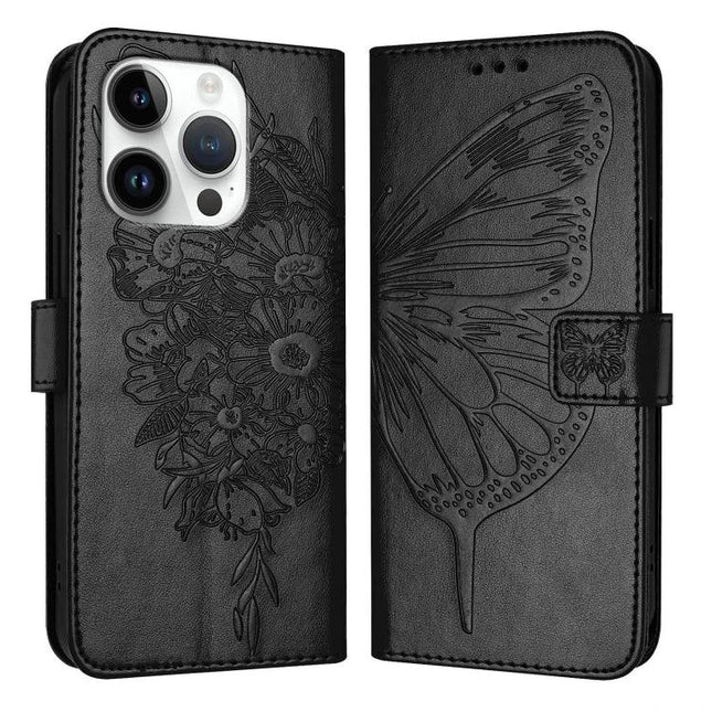 Leather Phone Case With Built-In Stand in black PU leather with embossed butterfly and floral design, TPU core, wallet slots and kickstand