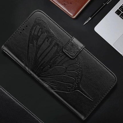 Leather Phone Case With Built-In Stand black PU leather wallet case with embossed butterfly, TPU core, card slots and hands-free viewing