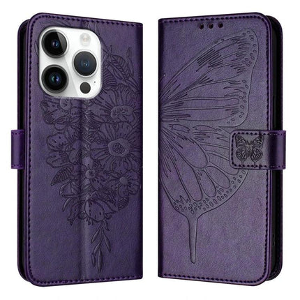 Leather Phone Case With Built-In Stand in purple PU leather with embossed butterfly and floral design, TPU core, card slots and kickstand