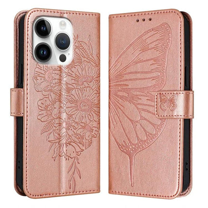 Leather Phone Case With Built-In Stand rose gold PU leather wallet case with embossed butterfly and floral design, hands-free stand, TPU core protection