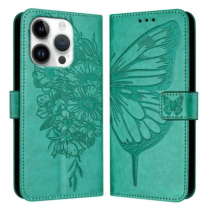 Leather Phone Case With Built-In Stand in teal PU leather with embossed butterfly and floral design, TPU core, wallet-style hands-free holder