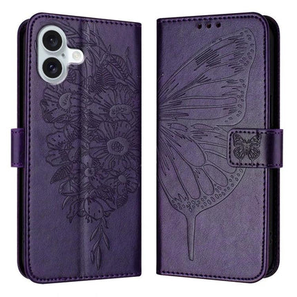 Leather Phone Case With Built-In Stand purple PU leather wallet case with embossed butterfly and floral design, TPU core, hands-free viewing, card storage