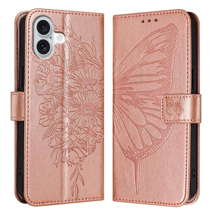 Leather Phone Case With Built-In Stand in rose gold PU leather with butterfly and floral embossing, magnetic wallet, hands-free kickstand