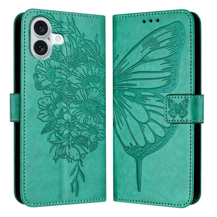 Leather Phone Case With Built-In Stand in teal PU leather with embossed butterfly and floral design, TPU core, card storage and hands-free stand