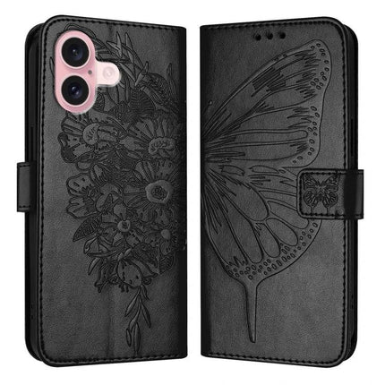 Leather Phone Case With Built-In Stand black PU leather wallet case with embossed butterfly and floral design, TPU core, card slots, hands-free stand