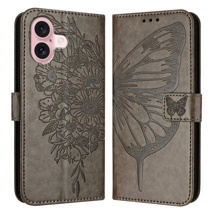 Leather Phone Case With Built-In Stand showing gray floral and butterfly embossed PU leather wallet cover with TPU core and hands-free stand
