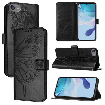 Butterfly Embossed Leather Phone Case for Daily Essentials - black PU leather wallet case with card slots, magnetic stand and TPU protection