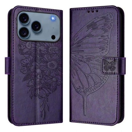 PU Leather Phone Case With Card Storage purple butterfly embossed folio wallet with camera cutout and magnetic clasp