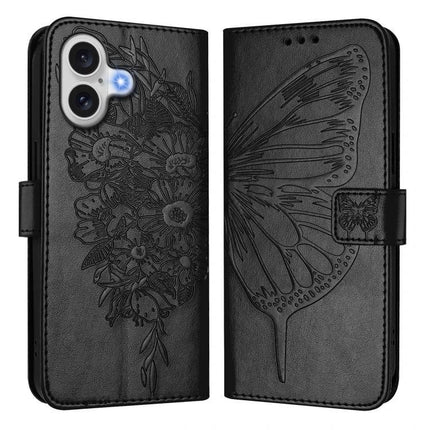 Embossed Butterfly Leather Phone Case With Card Slot For Daily Use shown in black PU leather with floral embossing, card slots and horizontal stand