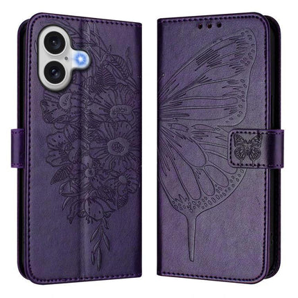 Embossed Butterfly Leather Phone Case With Card Slot For Daily Use – purple PU leather wallet case with butterfly and floral embossing, card slots, and kickstand