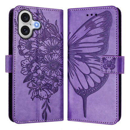 Embossed Butterfly Leather Phone Case With Card Slot For Daily Use - purple PU leather wallet case with butterfly embossing, card slots and stand