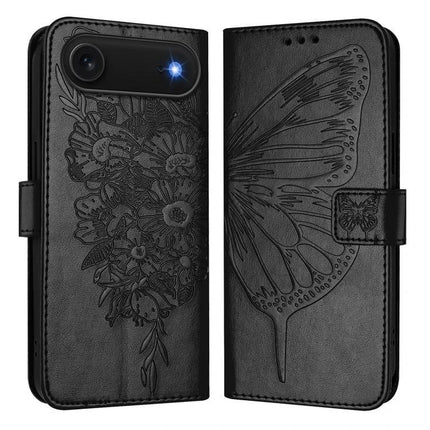 Embossed Butterfly Leather Phone Case With Card Slot For Daily Use - black PU leather wallet case with embossed butterfly and card slots