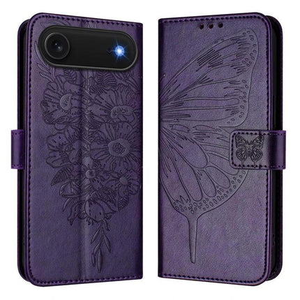 Embossed Butterfly Leather Phone Case With Card Slot For Daily Use - purple PU leather wallet case with embossed butterfly, card slots and stand