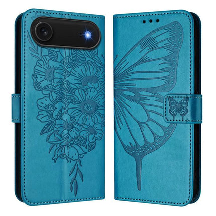 Embossed Butterfly Leather Phone Case With Card Slot For Daily Use - teal PU leather wallet case with embossed butterfly and floral design, card slots, stand