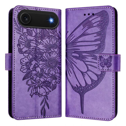 Embossed Butterfly Leather Phone Case With Card Slot For Daily Use - purple PU leather wallet case with embossed butterfly and floral design, card slot, stand
