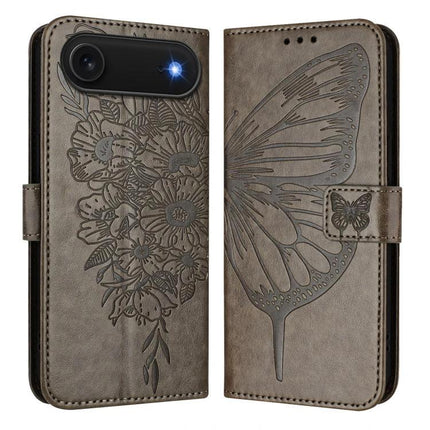 Embossed Butterfly Leather Phone Case With Card Slot For Daily Use - brown PU leather wallet case with embossed butterfly and floral design, card slot, stand