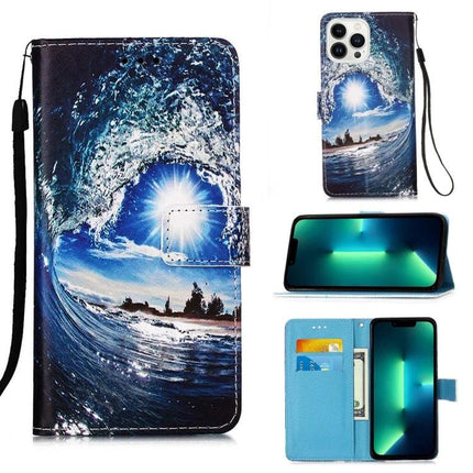 Leather Phone Case for Everyday Protection on the Go showing blue ocean wave print folio case with card slot, kickstand and wrist strap