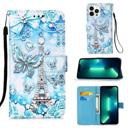 Leather Phone Case for Everyday Protection on the Go - blue Eiffel Tower butterfly wallet case with card slot and hands-free stand