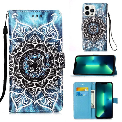 Leather Phone Case for Everyday Protection on the Go - blue mandala wallet case with card slot, kickstand and wrist strap