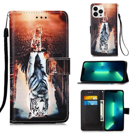 Leather Phone Case for Everyday Protection on the Go - leather wallet case with tiger reflection, card slot, stand and wrist strap