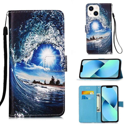 Leather Phone Case for Everyday Protection on the Go - blue wave wallet case with card slot, stand, and wrist strap for travel and commuting