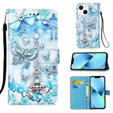 Leather Phone Case for Everyday Protection on the Go - blue Eiffel Tower butterfly wallet case with card slot and wrist strap