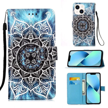 Leather Phone Case for Everyday Protection on the Go - blue mandala leather wallet case with card slot, stand, and wrist strap