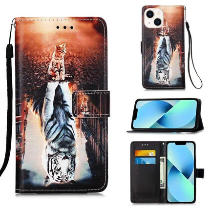 Leather Phone Case for Everyday Protection on the Go with tiger reflection and cat design, card slot, kickstand and wrist strap