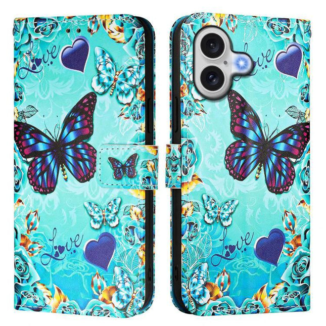 Leather Phone Case for Everyday Protection with turquoise butterfly print, wallet folio, magnetic clasp and built-in stand