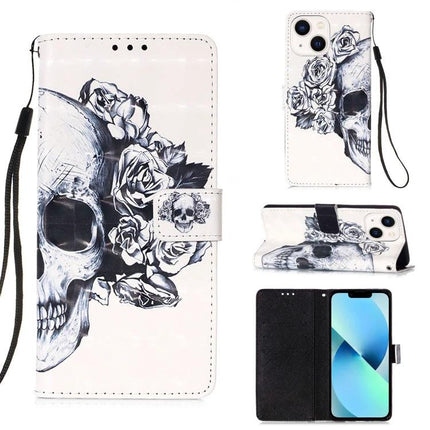 Leather Flip Case With Card Slot For Everyday Phone Protection - white skull and roses PU leather wallet case with wrist strap