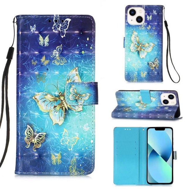 Leather Flip Phone Case for Daily Travel blue butterfly PU leather wallet with card slots and wrist strap
