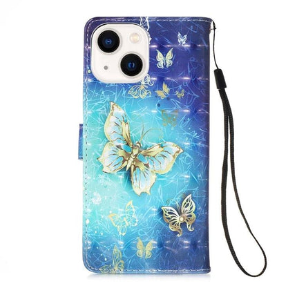 Leather Flip Phone Case for Daily Travel with blue butterfly print, card slots and wrist strap