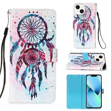 Leather Flip Phone Case for Daily Travel featuring watercolor dreamcatcher design, card slots and wrist strap, PU leather protection