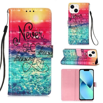 Leather Flip Phone Case for Daily Travel featuring colorful ocean sunset print, card slots, wrist strap and magnetic flip