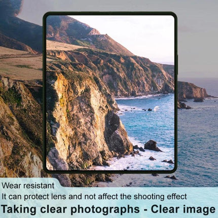 Imak High Definition Black Glass Lens Film For Foldable Phone Protects Camera Daily on Galaxy Z Fold5 showing coastal photo clarity, two-layer lens protection