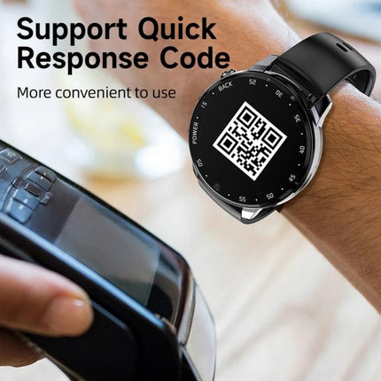 Smart Watch for Daily Health Tracking and Connectivity on wrist showing QR code and Bluetooth pairing for notifications and step heart rate monitoring