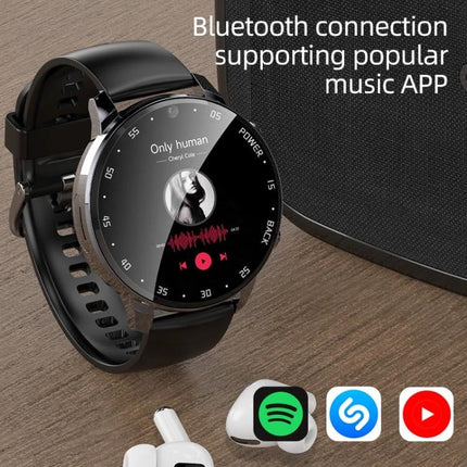 Smart Watch for Daily Health Tracking and Connectivity showing music app, Bluetooth pairing, heart rate and step tracking on round black watch face