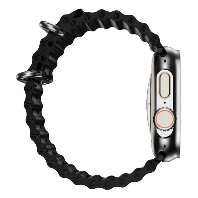 A Smart Watch for Everyday Connectivity and Daily Tracking - side view with black textured band and Android-style crown