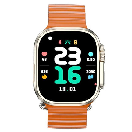 A Smart Watch for Everyday Connectivity and Daily Tracking — orange strap watch with large digital time, step and heart icons