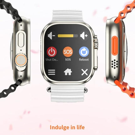 A Smart Watch for Everyday Connectivity and Daily Tracking showing Android interface with SOS, messages, step tracker and customizable watch face