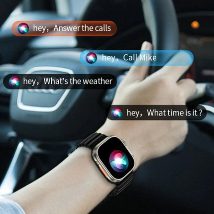 A Smart Watch for Everyday Connectivity and Daily Tracking on wrist showing voice commands for calls, weather, time and contacts while driving
