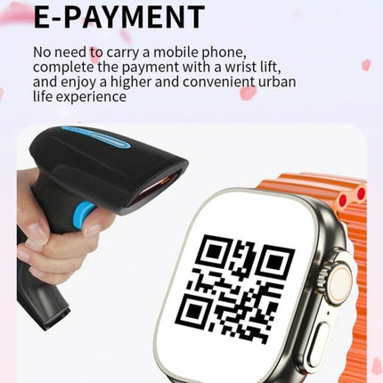 A Smart Watch for Everyday Connectivity and Daily Tracking showing QR code payment on watch face and barcode scanner for e-payment